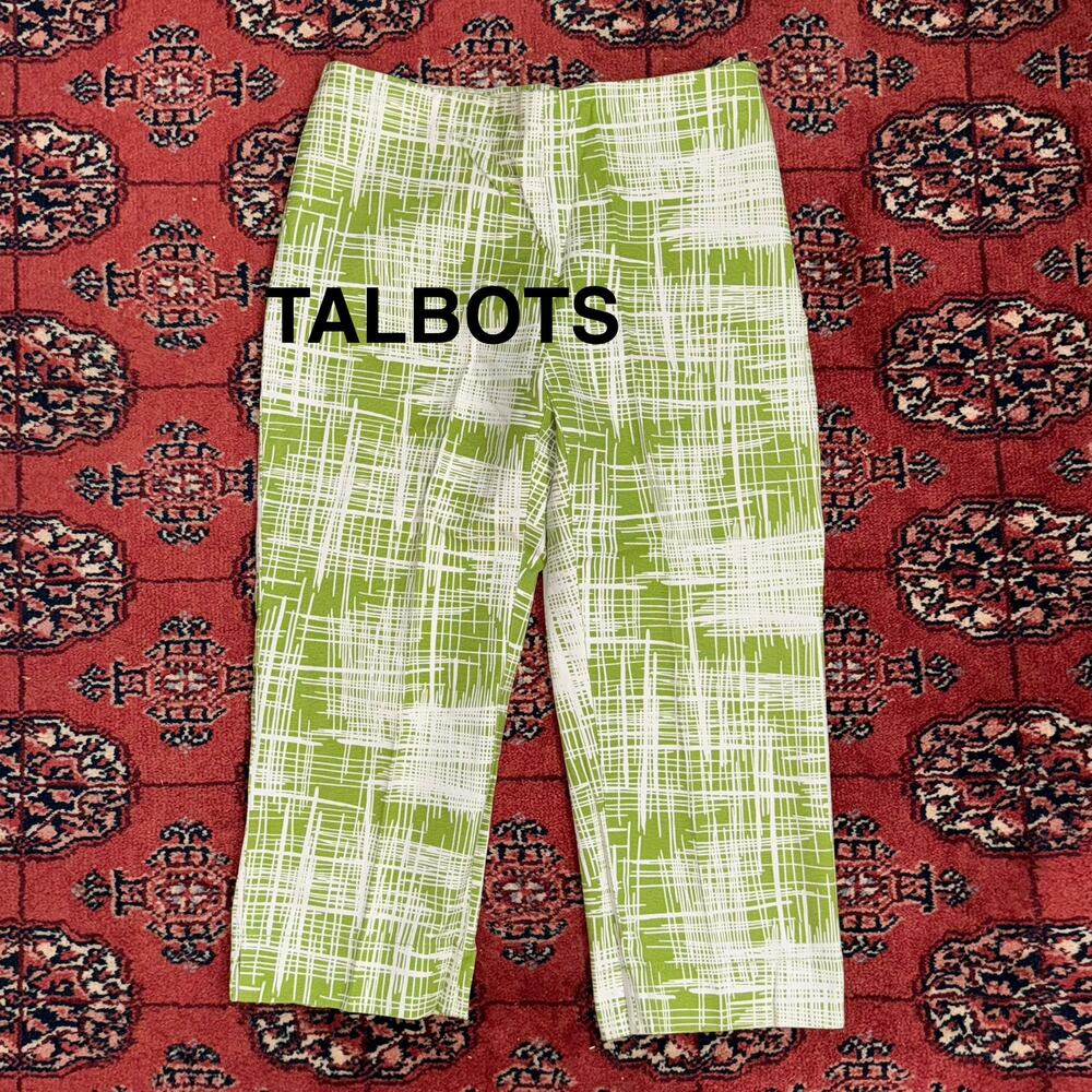 Talbots 4P White Line Print on Lime Green Women's Stretch Cotton Cropped Pants